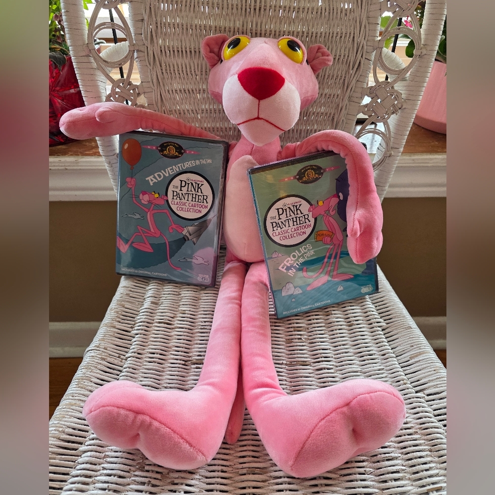 🆕️ Pink Panther 21" Plushie Stuffed Animal & 2 Pink Panther Classic Cartoon DVD